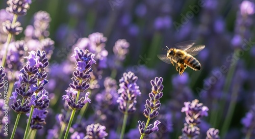 A bee in flight among vibrant purple lavender flowers in a sunny field, capturing a moment of pollination.