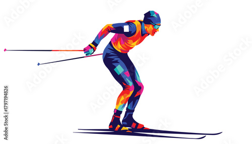 Cross-country skiing vector illustration with vibrant geometric outfit and dynamic forward motion