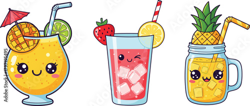 “Cute cartoon fruit drinks with smiling faces in colorful glasses featuring mango lemonade strawberry juice and pineapple smoothie vector illustration”