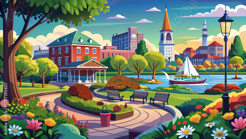 Very beautiful view of Prescott Park in Portsmouth, New Hampshire, USA, featuring colorful gardens, waterfront scenery along the Piscataqua River, historic architecture, and a serene urban park atmosp
