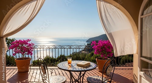 Picturesque Seaside Balcony with Blooming Bougainvillea and Ocean View