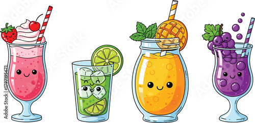 “Cute colorful summer drink illustration set with strawberry smoothie, lime juice, pineapple beverage and grape bubble drink cartoon art”