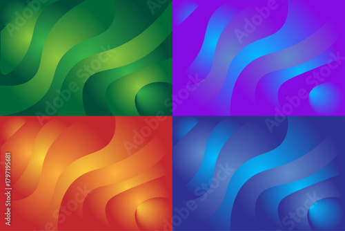 Vibrant quad-panel gradient wave backgrounds — vector set of layered abstract curves in lush green, neon purple with cyan, warm orange with gold, and deep blue
