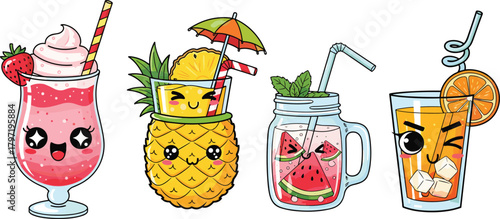 “Cute colorful summer drink illustration set with fruity beverages, pineapple cup, strawberry smoothie, watermelon juice and refreshing citrus cocktail art”