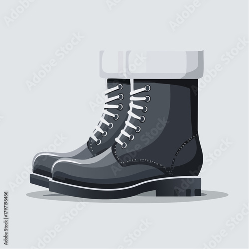 Vector illustration of a pair of classic black leather ankle boots for the winter season. Stylish and warm fashion footwear with white laces, isolated on a neutral background