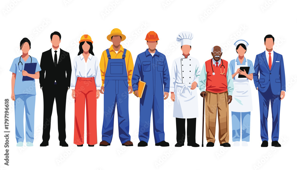 Fototapeta premium Multicultural Workforce Illustration: Standing People in Different Professional Attire. 
