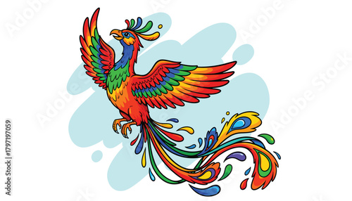 Stylized Phoenix Rising: Mythological Bird with Bright, Flowing Feathers. 