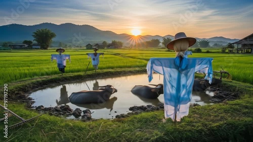 Scenic morning of rural farming with scarecrows, water buffalos, and a lush green field