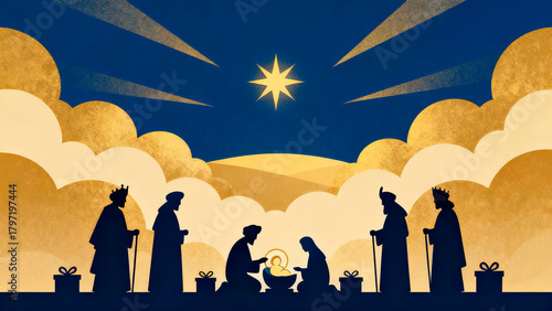 Christmas ball. Nativity scene illustration featuring silhouettes of figures around a manger, with a bright star shining above, symbolizing the essence of Christmas and celebration