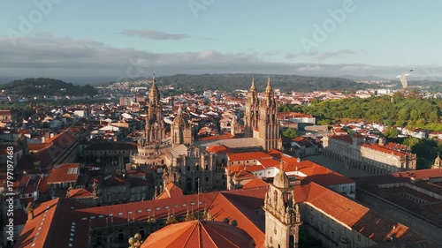 Aerial view of the Cathedral of Santiago de Compostela at sunrise in Spain