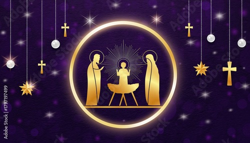 Christmas ball. Golden illustration of nativity scene featuring holy family with child, surrounded by stars and crosses, set against a deep purple background with festive ambiance