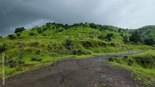 Lush Green Western Ghats Landscape: A Dirt Road Winding Through Rain-Soaked Hills and Dense Vegetation Under a Moody, Overcast Sky
