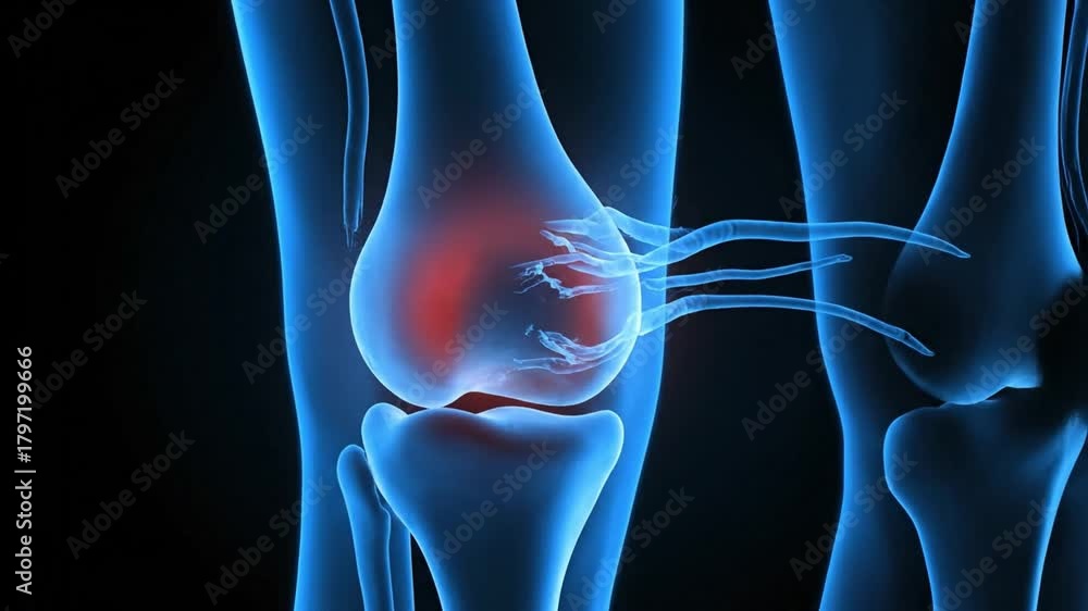A 3D medical animation of an ACL tear in the human knee joint, showing ...