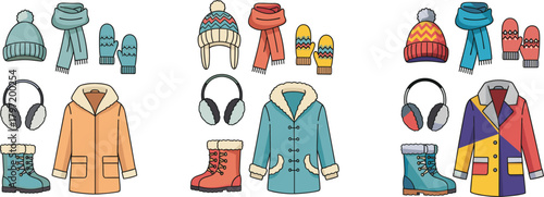 Colorful winter clothing collection with hats, scarves, mittens, boots, coats, earmuffs in organized sets, cad drawing flat vector illustration