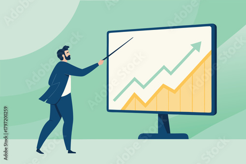 Business coach expertly guiding with finger on upward trend line, financial chart, growth, success, corporate meeting, boardroom, finance, analytics, strategy.