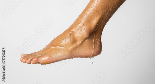A single wet foot with water dripping from the toes and heel against a clean white background