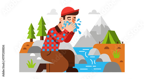 Man Enjoying Adventure: Fresh Water Pouring Over Face By Mountains and Nature