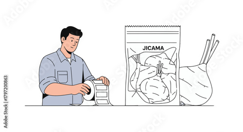 Man Preparing Jicama Packaging: A Unique Illustration with Fresh and Healthy Ingredients Visuals