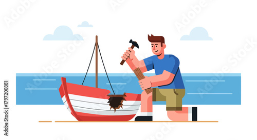 Man Repairs Damaged Boat: A Vector Illustration Showcasing Perseverance And Diligence
