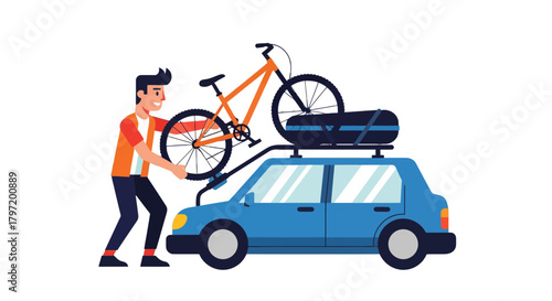 Man Preparing Mountain Bike For A Road Trip On His Car's Roof Rack Destination