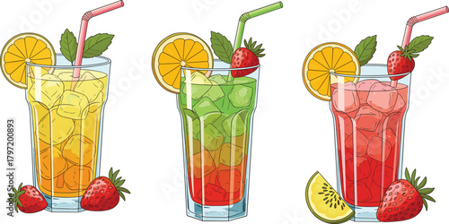 Refreshing citrus and strawberry summer drinks with ice cubes, colorful fruit slices, mint leaves and glass beverages in detailed vector style