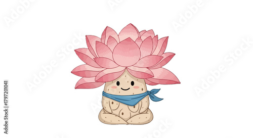 Meditating Flower-Headed Character in a Lotus Position with a Lighthearted, Calm Feel