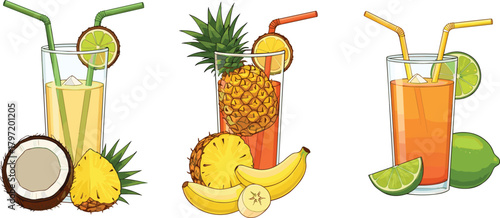 Refreshing tropical fruit juice glasses with coconut pineapple banana lime and citrus slices in colorful summer drink vector illustration on white background