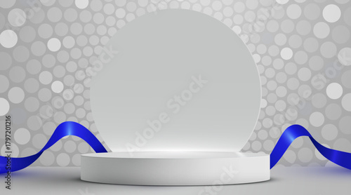 Elegant white podium with blue ribbon on a geometric grey background. Perfect for product display. Vector illustration.