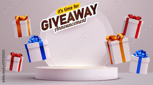 Giveaway Announcement with floating gift boxes and product podium. Promotional background design. Vector illustration