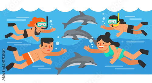 People Enjoy Snorkeling With Playful Dolphins Underwater in Clear Blue Ocean Scenery