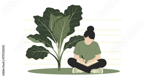 Meditative Writing Session With A Plant In Minimalist Monochrome Style Illustration