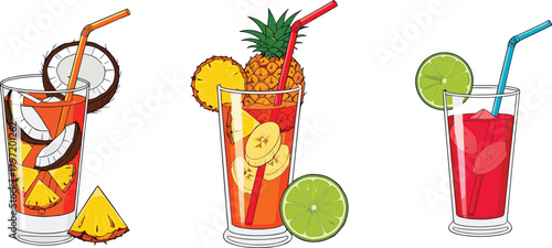 Refreshing tropical fruit juice glasses with pineapple coconut banana lime slices and colorful straws in vibrant summer drink vector illustration
