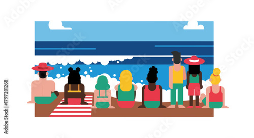 People Enjoying a Beach Day Together in a Stylish and Minimalist Illustration