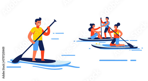People Enjoying Paddleboarding Leisure Activities Against a Black Background or Backdrop