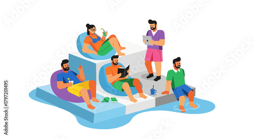 Modern Recreation: A Diverse Group Enjoying Their Relaxing Moment in Creative Illustration