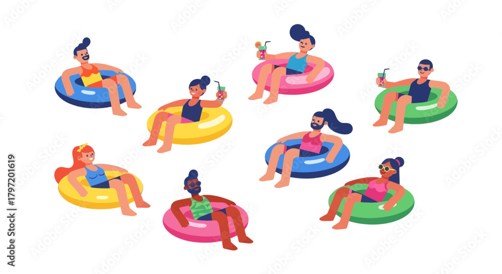 Obraz premium People Enjoying Summer on Inflatable Rings With Cocktails, Relaxation, Leisure