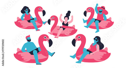 People Enjoying Summer Floating on Flamingo Floats Against a Black Backdrop