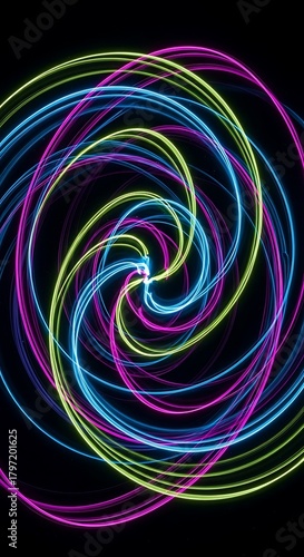 Vibrant swirling light painting on a black backdrop evokes energy