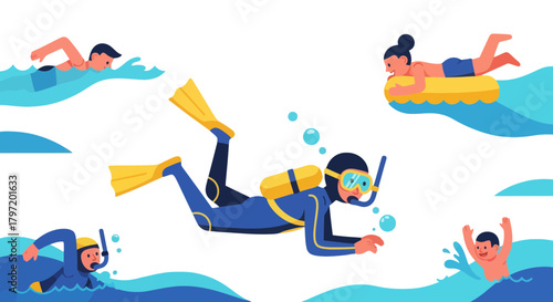 People Enjoying Summer Fun With Snorkeling, Swimming, And Relaxing On The Water
