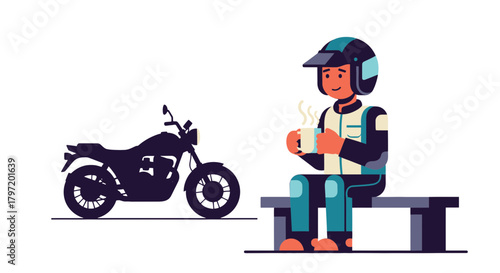 Motorcyclist Relaxing Enjoying A Warm Drink While Resting Next To His Motorcycle