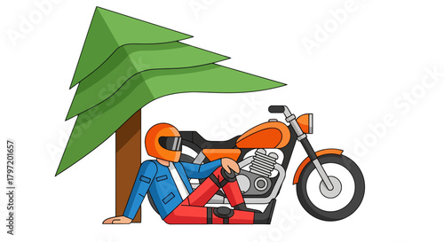 Motorcycle Rider Relaxing Underneath a Tree during a Warm Break for Adventure