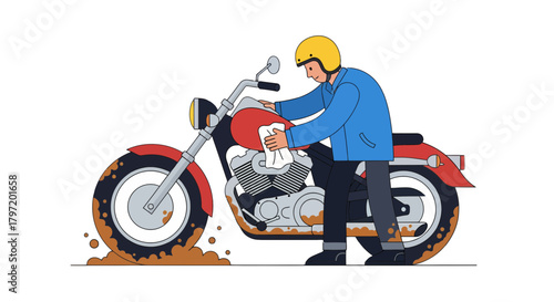 Motorcyclist Cleaning a Dirty Motorcycle Illustration on a Black Background