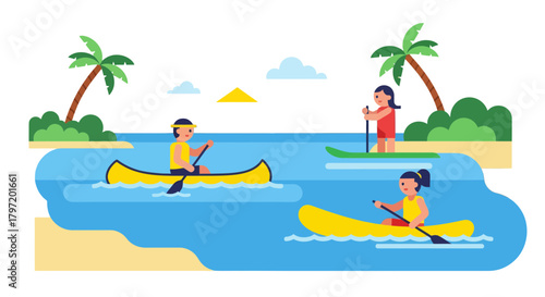People Enjoying Watersports Activities on a Tropical Beach in a Flat Vector Illustration