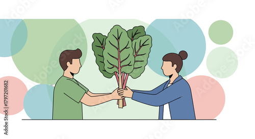 People Exchanging Fresh Greenery: A Simple Illustration of Cooperation and Freshness