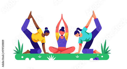 People Practicing Yoga In Nature With Different Poses And Meditation Forms