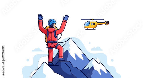Mountain Climber Celebrates Triumph as Helicopter Approaches Amidst Stunning Landscape