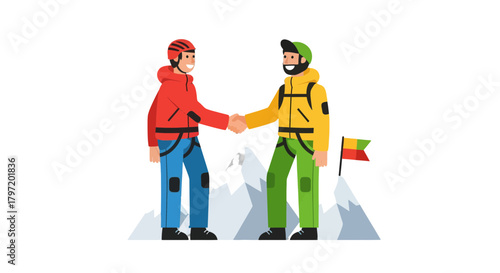 Mountain Climbers Celebrating Success By Shaking Hands After Reaching Peak Together