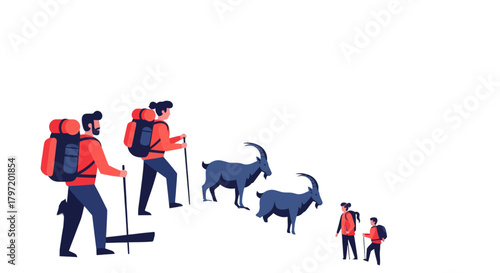 Mountain Hikers Encountering Wild Mountain Goats In A Black Background