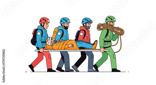 Mountain Rescuers Attending An Injured Person, Illustrated Rescue Team Concept