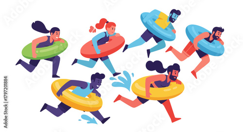 People Running With Floating Rings, Isolated on Black Background, Summer Fun Illustration